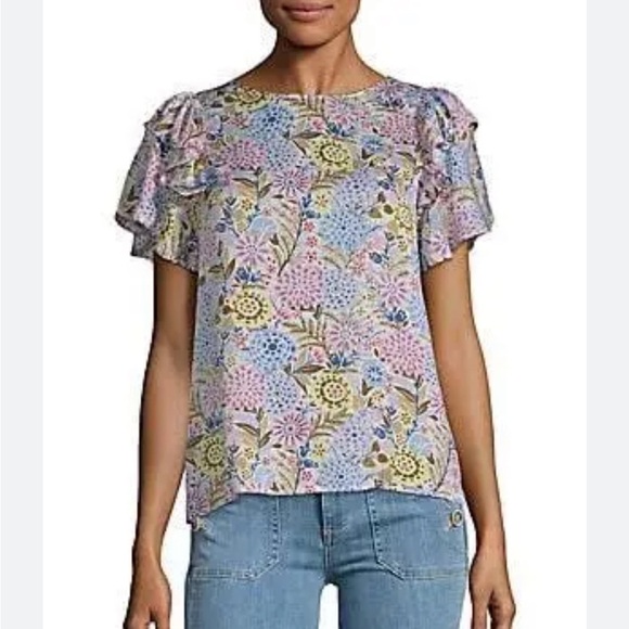 Nanette Lepore Tops - Nanette Lepore Women's Floral Multicolor Blue Flutter Sleeve Blouse